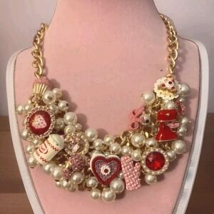 NWT Betsey Johnson Babycakes Valentine Pink Statement Charm Necklace Runway #5b2